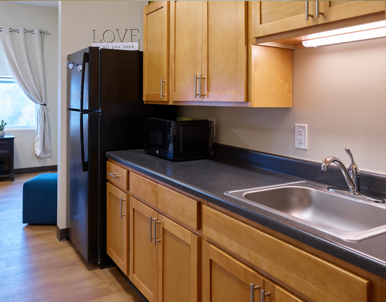 Assisted living studio apartment kitchen