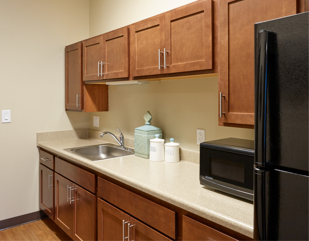 Assisted living studio apartment kitchen